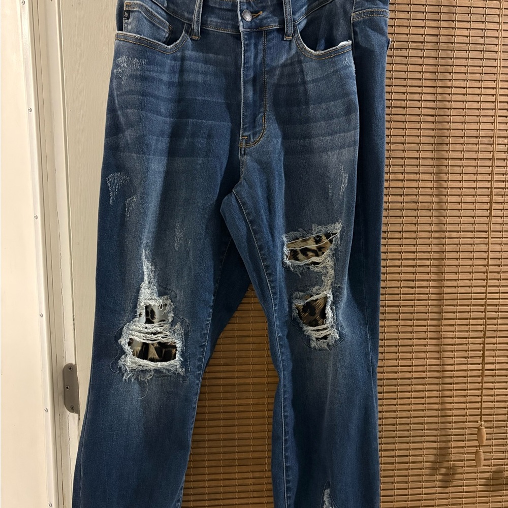Judy Blue Distressed Blue Jeans with Leopard Accents
